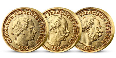 Mincovní portréty Františka Josefa I. Sada tří medailí zušlechtěná zlatem