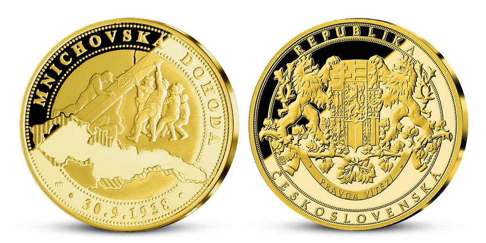 Mnichovská dohoda - pamětní medaile zušlechtěná ryzím zlatem
