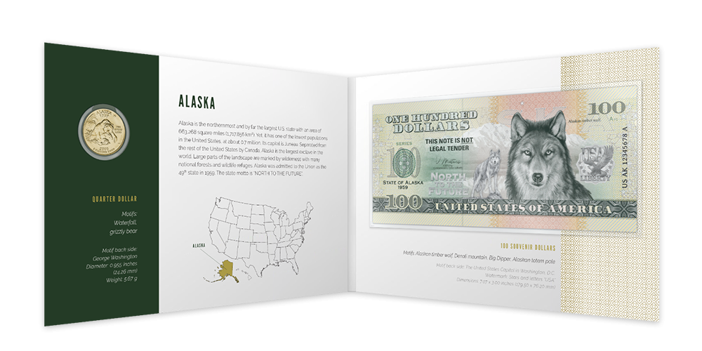 Kolekce: U.S. States - Originální mince a suvenýrová bankovka Aljaška v minialbu
