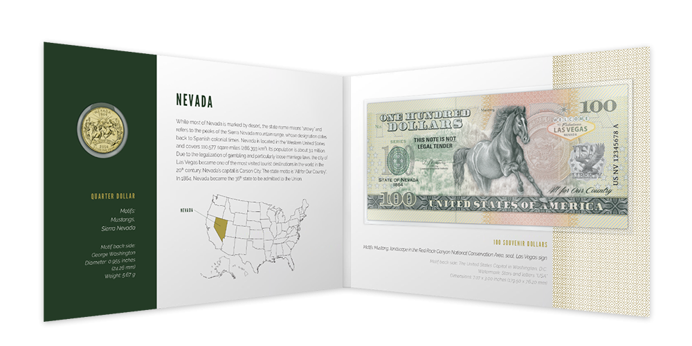 Kolekce: U.S. States - Originální mince a suvenýrová bankovka Nevada v minialbu