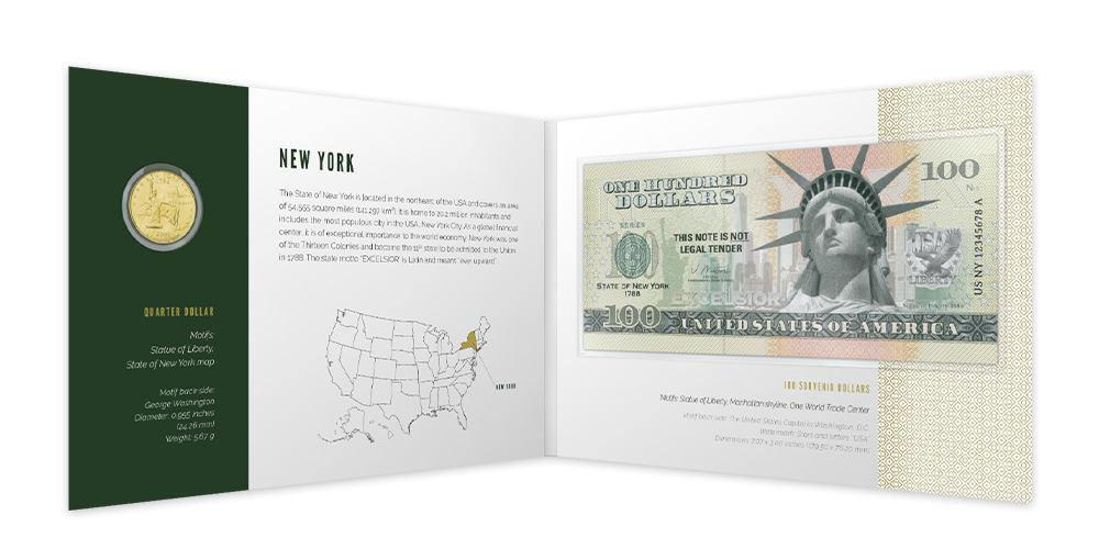 Kolekce: U.S. States - Originální mince a suvenýrová bankovka New York v minialbu