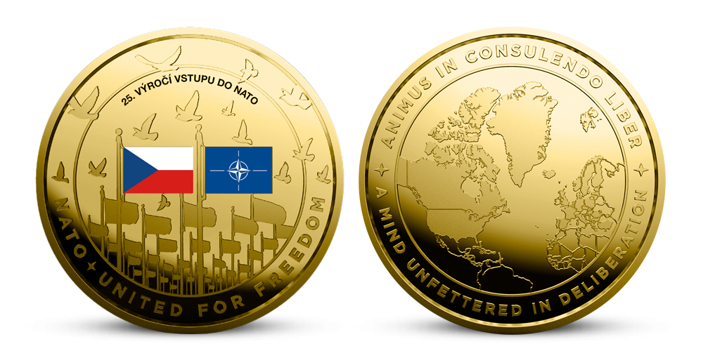 25. výročí vstupu ČR do NATO - pamětní medaile zušlechtěná ryzím zlatem 999/1000